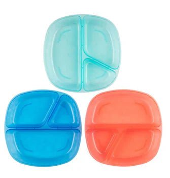 Pack de 3 platos divididos de plástico en colores azul, celeste y naranja para bebés y niños pequeños.