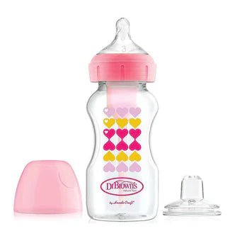 Pacha Dr. Brown's rosada de transición 9oz con diseño de corazones, mamón N3 y boquilla suave