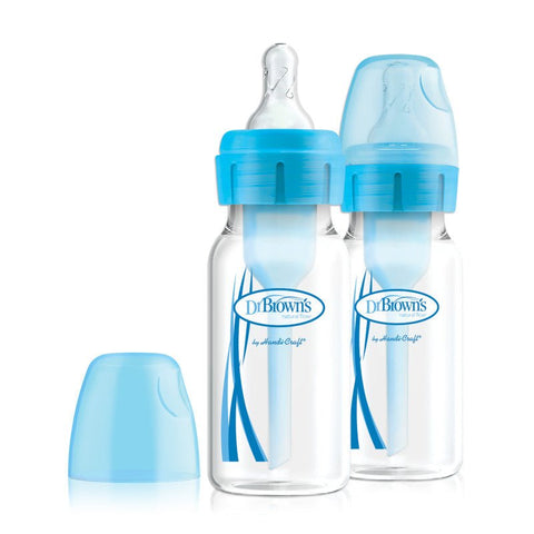Dos pachas Dr Brown Options+ de 4oz, cuello delgado, azul. Reduce cólicos y gases en bebés.