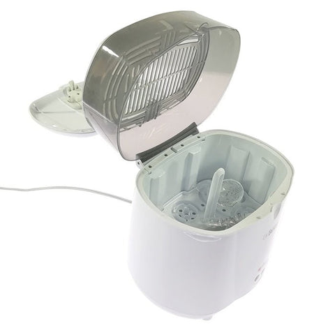 Esterilizador eléctrico Dr. Brown's Deluxe blanco, con tapa gris abierta y soportes internos.