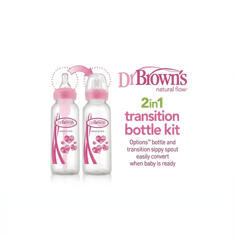 Pacha de transición 2 en 1 Dr. Brown's rosada con corazones. Biberón y vasito entrenador.