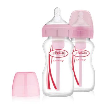 Pack de 2 pachas Dr. Brown's Options+ de 9oz cuello ancho rosadas con sistema anticólicos y tapas