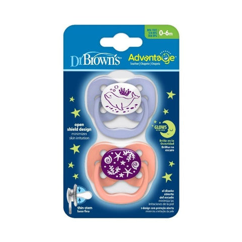 Chupetes Dr. Brown's Advantage que brillan, lavanda con ballena y durazno con estrellas, 0-6m