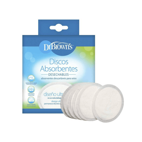 Caja de protectores de lactancia desechables Dr. Brown's con discos absorbentes fuera del empaque, listos para usar.