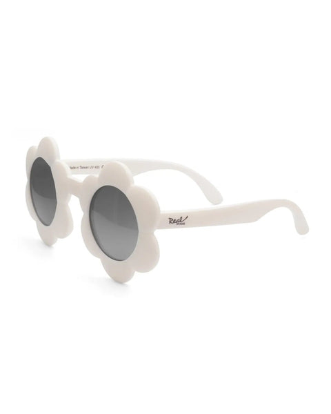 Gafas de sol Real Shades Bloom para niña, montura irrompible en forma de flor blanca mate, lentes ahumados.