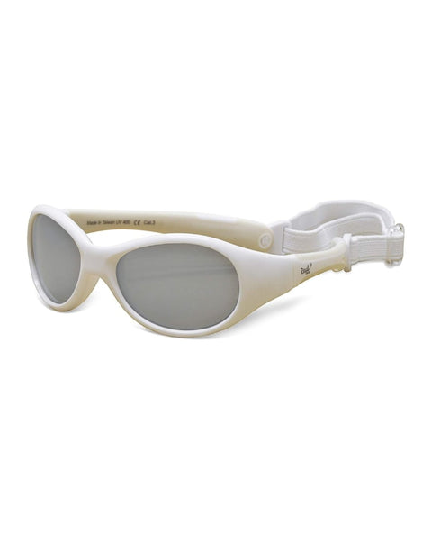 Gafas de sol Real Shades Explorer blancas para niños con montura irrompible y banda ajustable.