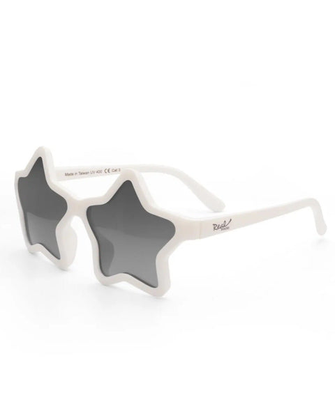 Gafas de sol infantiles Real Shades Star blancas, montura de estrella irrompible con lentes oscuros.