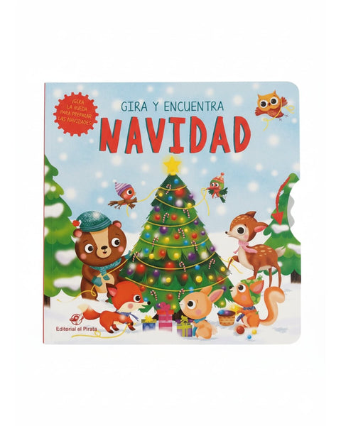 Libro infantil Gira y Encuentra Navidad con osos, venados, ardillas y zorros decorando árbol nevado de Aldisa.