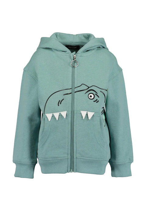 Sudadera infantil Blue Seven de fleece verde, capucha y divertido diseño de dinosaurio en el frente.