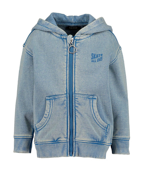 Hoodie sudadero Blue Seven azul mezclilla con zipper, capucha y estampado 'Skate All Days' para niño.