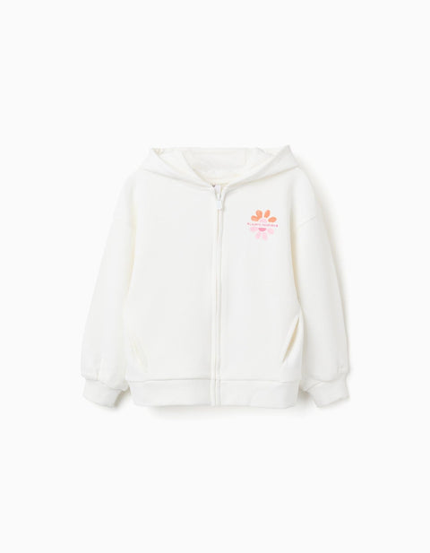 Sudadera Zippy de fleece blanco roto para niña, vista frontal con cierre y capucha.