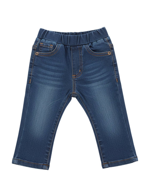 Jeans pull up azules para bebé, cintura elástica y bolsas delanteras, cómodos y duraderos para niño.