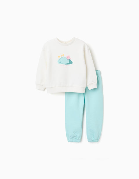 Conjunto de jogging Zippy para bebé niña, sudadera blanco hueso y pantalón celeste, vista frontal