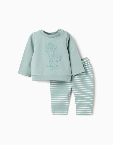 Conjunto de jogging Zippy para bebé: sudadera verde claro con Tigger en relieve y pantalón a rayas.