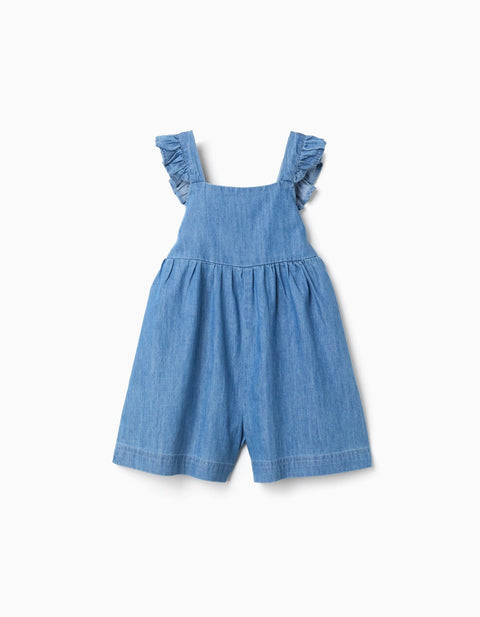 Jumper azul claro para niña Zippy, con tirantes de volantes y cintura elástica fruncida.