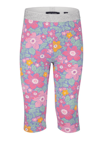 Mallas capri Blue Seven para niña con estampado floral multicolor y cintura plateada brillante.