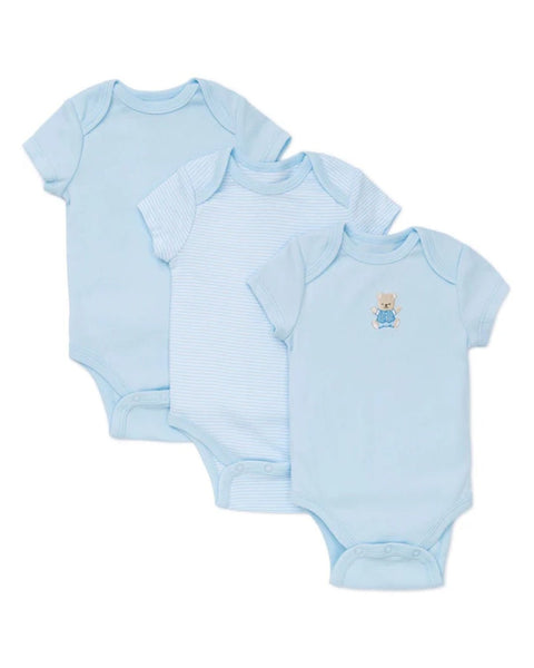 Paquete de 3 pañaleros de bebé niño Little Me, azul liso, rayas azules y oso bordado