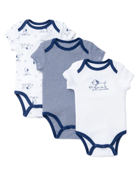 Pack de 3 bodys Little Me para bebé niño con diseños de perritos y rayas azules, algodón suave.