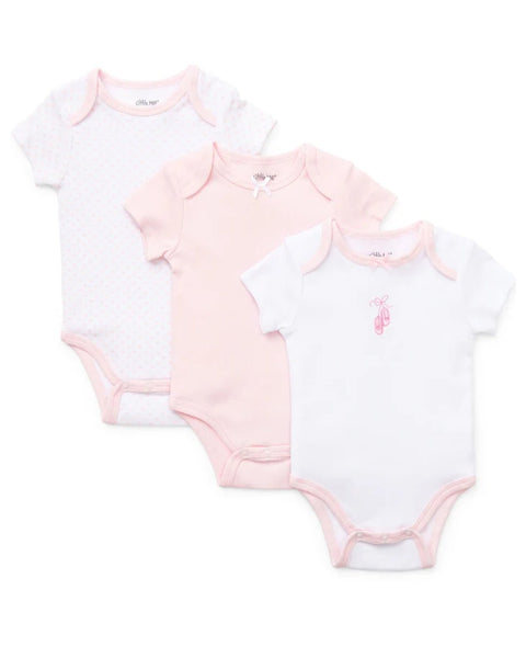 Pack de 3 bodys Little Me para bebé niña, colores blanco y rosa con diseño de ballet.