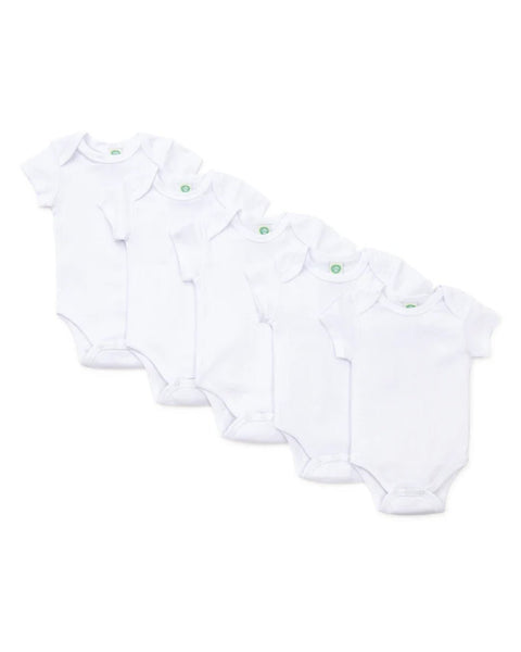 Set de 5 bodys blancos Little Me para bebé, manga corta, esenciales para su comodidad diaria.