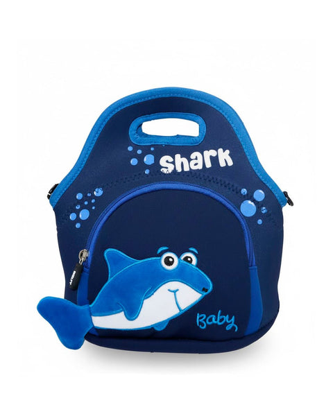 Lonchera infantil azul marino con diseño de tiburón cartoon y texto 'shark Baby', ideal para niños y niñas.