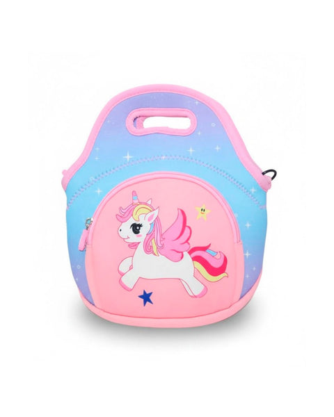 Lonchera de unicornio con alas, color celeste y rosa, perfecta para escuela en Guatemala.