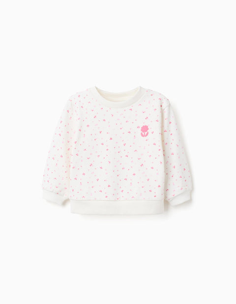 Sudadera de felpa Zippy para niña, beige claro con estampado de motitas rosadas y logo floral.