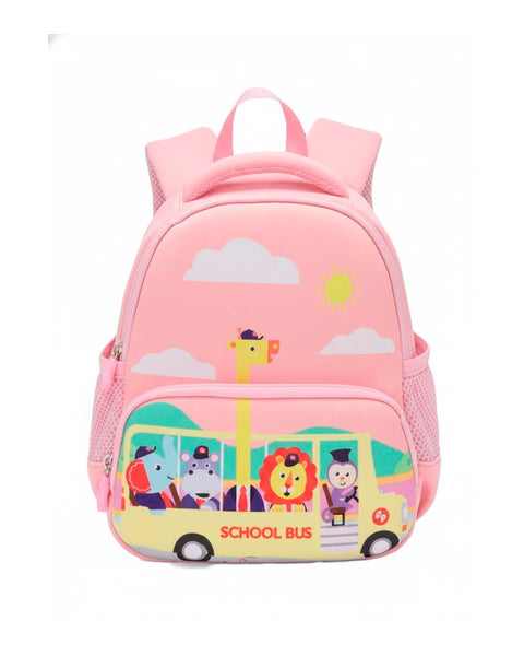 Mochila escolar rosa para niños, diseño bus con elefante, hipopótamo, león y graduado. Kinder.