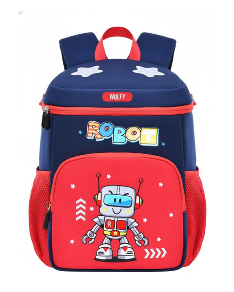 Mochila escolar Wolfy para niños, diseño de robot azul y rojo, con correas acolchadas y bolsillos laterales de malla.