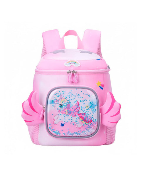 Mochila Wolfy de unicornio rosada con brillo, alas y arcoíris, perfecta para niñas en Guatemala.