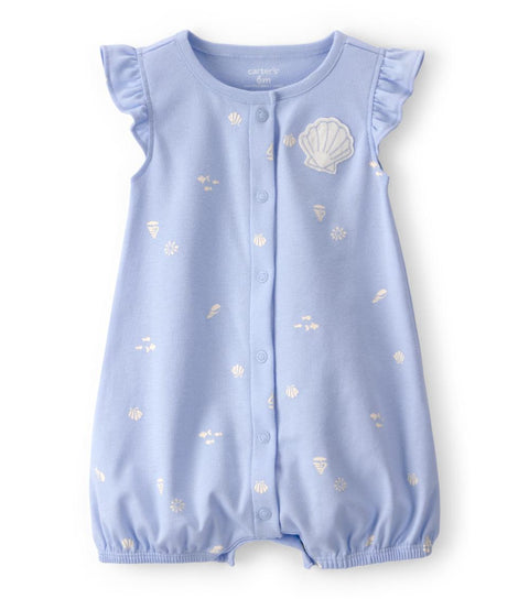 Romper de bebé Carter's azul claro con volantes y estampado de conchitas blancas para niña.
