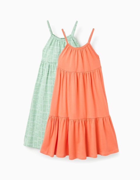 Set de 2 vestidos maxi para niña Zippy: uno verde claro estampado y uno naranja liso, con tirantes