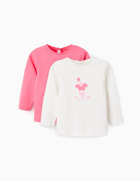 Set de 2 camisetas manga larga Zippy para niña, rosa sólida y blanca con estampado floral rosa.