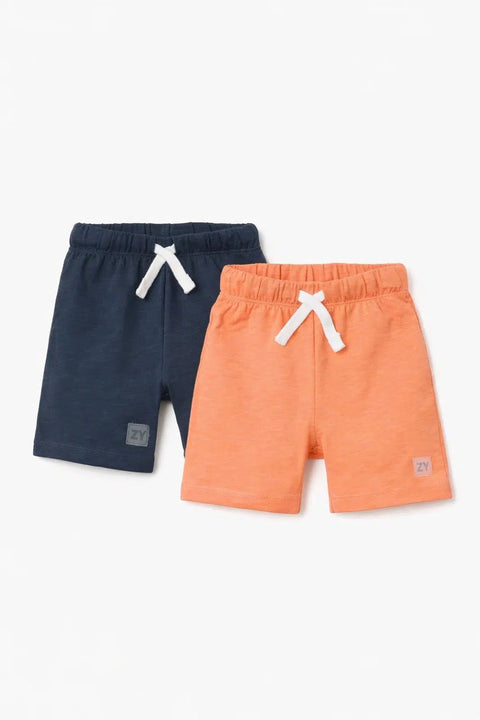 Dúo de shorts de jersey Zippy para bebé, uno naranja y otro azul marino, con cordones blancos.