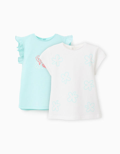 Set de 2 camisetas Zippy para niña: una azul claro con volantes y diseño de coral, otra blanca con