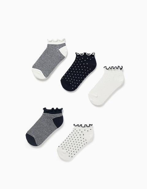 Paquete de 5 calcetines tobilleros Zippy para niñas con diseños de rayas y lunares.