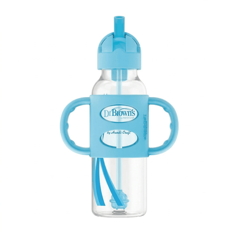 Pacha con pajilla Dr. Brown's azul de 8oz, con asas de silicón, ideal para la transición de tu bebé.