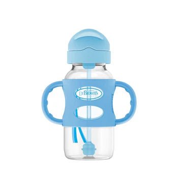 Vaso entrenador azul Dr. Brown's con pajilla y asas de silicón, 9oz, ideal para bebés.