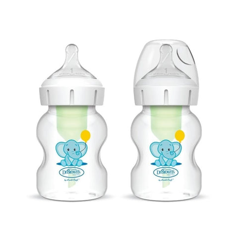 Pachas Dr. Brown's Options PLUS 5oz, cuello ancho, diseño de elefante, pack de 2.