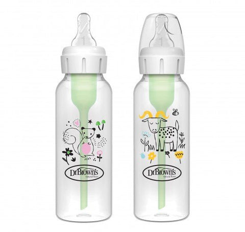 Pack de 2 pachas Dr. Brown's Options+ 8oz, cuello delgado, con diseños de ardilla y cabra