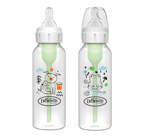 Pachas Dr. Brown's Options+ 8oz cuello delgado con diseños de cerdito y rana, sistema anti-cólicos.