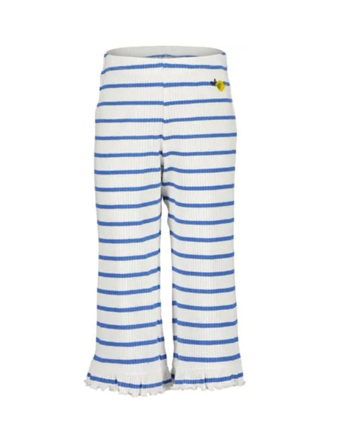 Pantalón de knit Blue Seven para niña, rayas azules y blancas, detalle de limón, dobladillo con volante.
