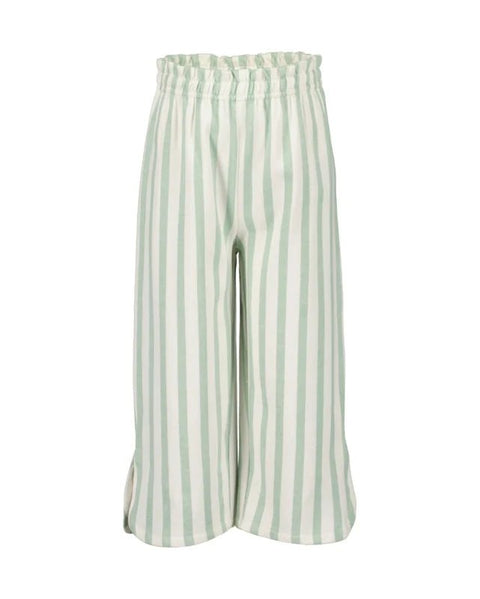 Pantalón de niña Blue Seven a rayas verticales verde menta y blanco, cintura elástica fruncida.