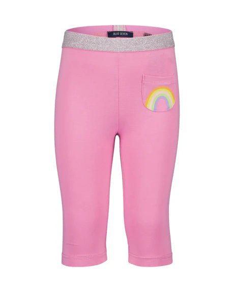 Pantalón capri rosado Bue Seven para niña, cintura brillante, bolsillo con arcoíris.
