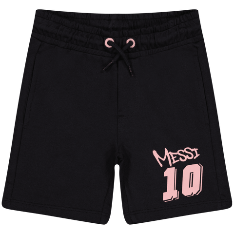 Pantaloneta negra unisex Messi 10 con logo rosa y cordón ajustable para niños