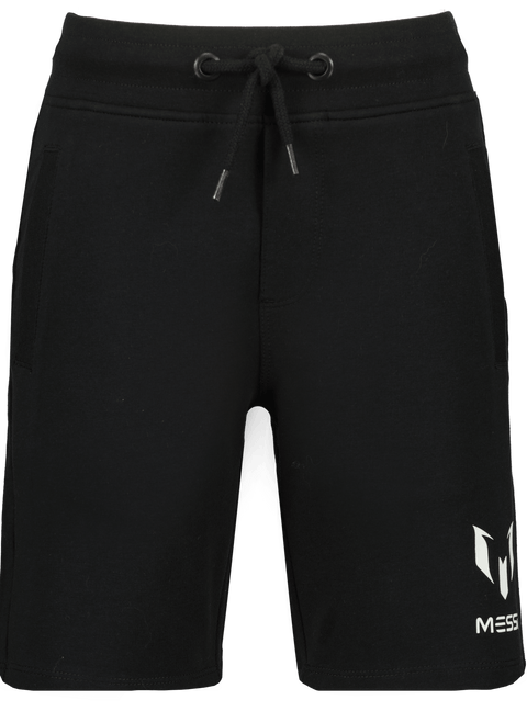 Pantaloneta Messi negra unisex con cordón ajustable y logos en piernas. Confort y estilo.