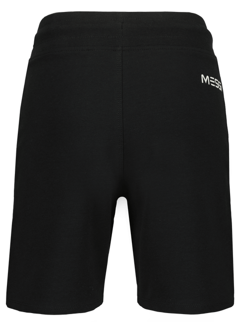 Reverso de pantaloneta Messi negra unisex con logo pequeño. Ideal para deportes y ocio.