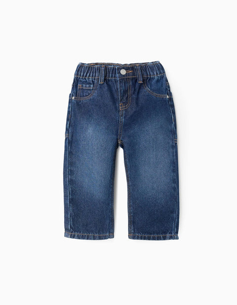 Pantalón denim azul oscuro Zippy para bebé con cintura elástica y botón.
