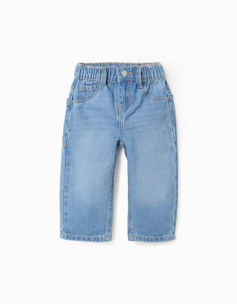 Pantalón Zippy de mezclilla azul claro para bebé con cintura elástica y detalles de botón.