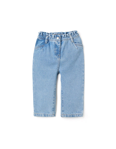 Pantalón denim azul claro Zippy para niño, estilo jogger, vista frontal con cintura elástica y